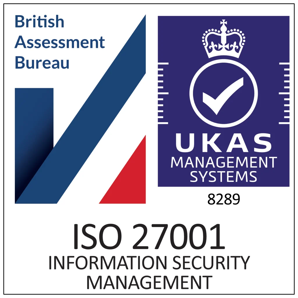 British Assessment bureau, UKAS management Systems logos with text: ISO 27001 Information security management.