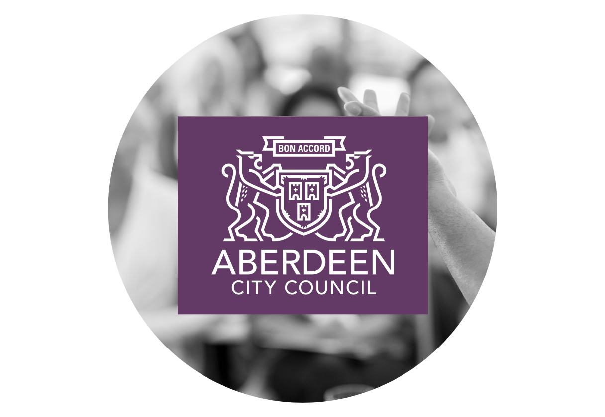 Aberdeen City Council logo with a black and white photo background of people in a discussion