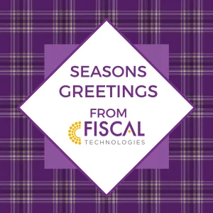 Purple tartan background with text: Seasons greetings from FISCAL Technologies