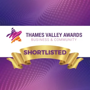 Graphic with Thames Valley Business and Community Awards logo. with a banner saying 'shortlisted'.