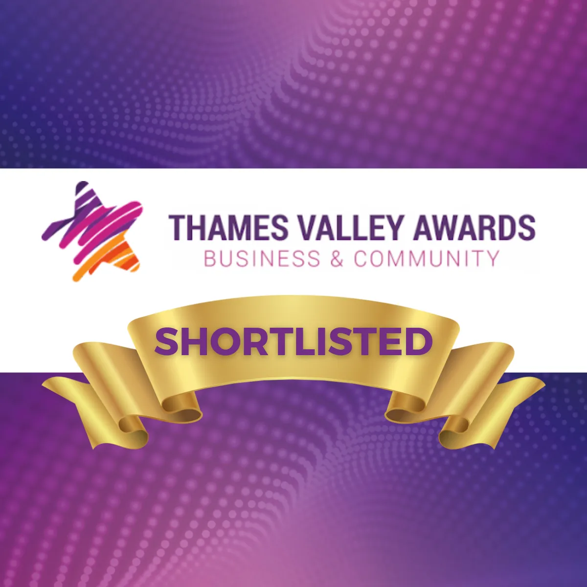 Graphic with Thames Valley Business and Community Awards logo. with a banner saying 'shortlisted'.