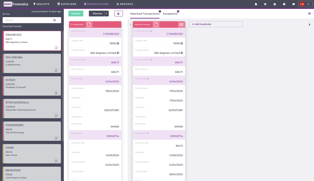 A screenshot of the FISCAL software, showing transactional risk, a control to alleviate missed risks in 3-way matching