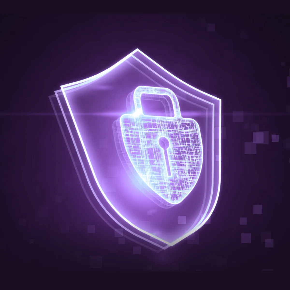 Purple glowing shield and lock, that looks digital, to signify digital fraud detection and prevention