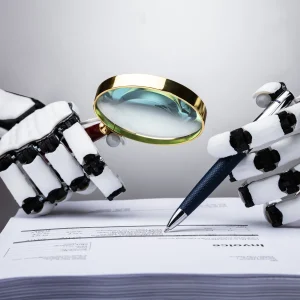 Robot hands hold a magnifying glass to an invoice, depicting managing duplicate invoices.