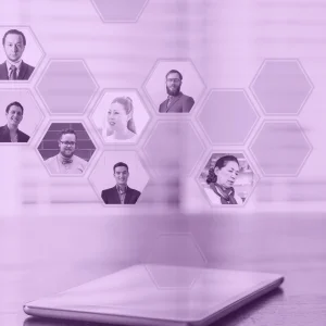Tablet on a table with images of people hovering over the top, indicating an online forum about fraud.