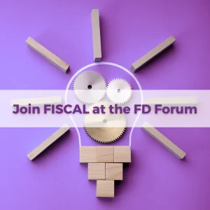 Join FISCAL at the Finance Directors' Forum 2024. Graphic with a lightbulb made of cogs and blocks.