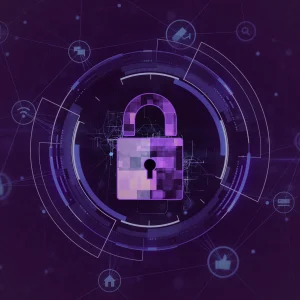 Padlock at the centre of a technological looking circle to signify fraud whistleblowing and fraud prevention