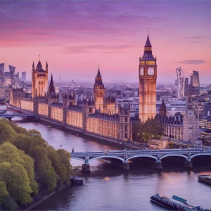 London city skyline featuring the houses of parliament, to infer London as the setting for the PPN future of finance event