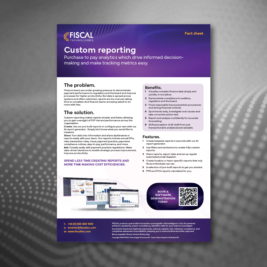 An image of the front cover of the FISCAL Technologies Custom Reporting fact sheet